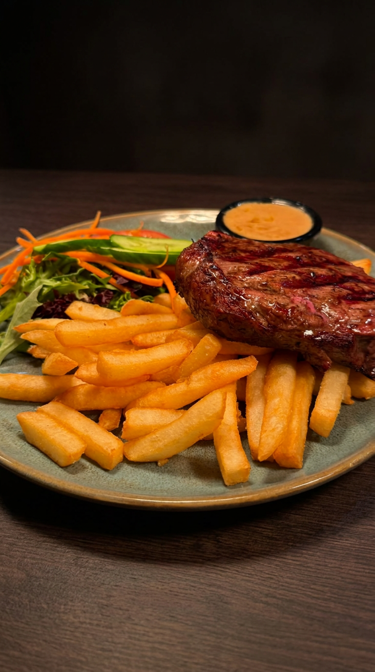 Steak with chips and salad