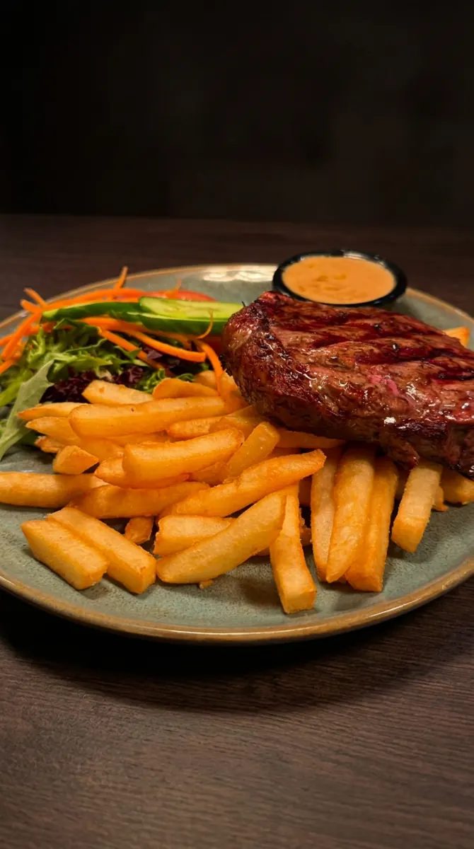 Steak with chips and salad